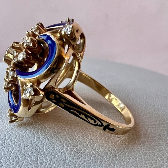 VINTAGE 14K YELLOW GOLD DIAMOND COBALT BLUE ENAMEL RING STATEMENT CUSTOM MADE - Picture 3 of 16